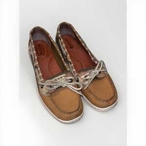 Sperry Topsider Boat Shoes Womens 10M Angelfish Plaid Casual Tan Beige Leather